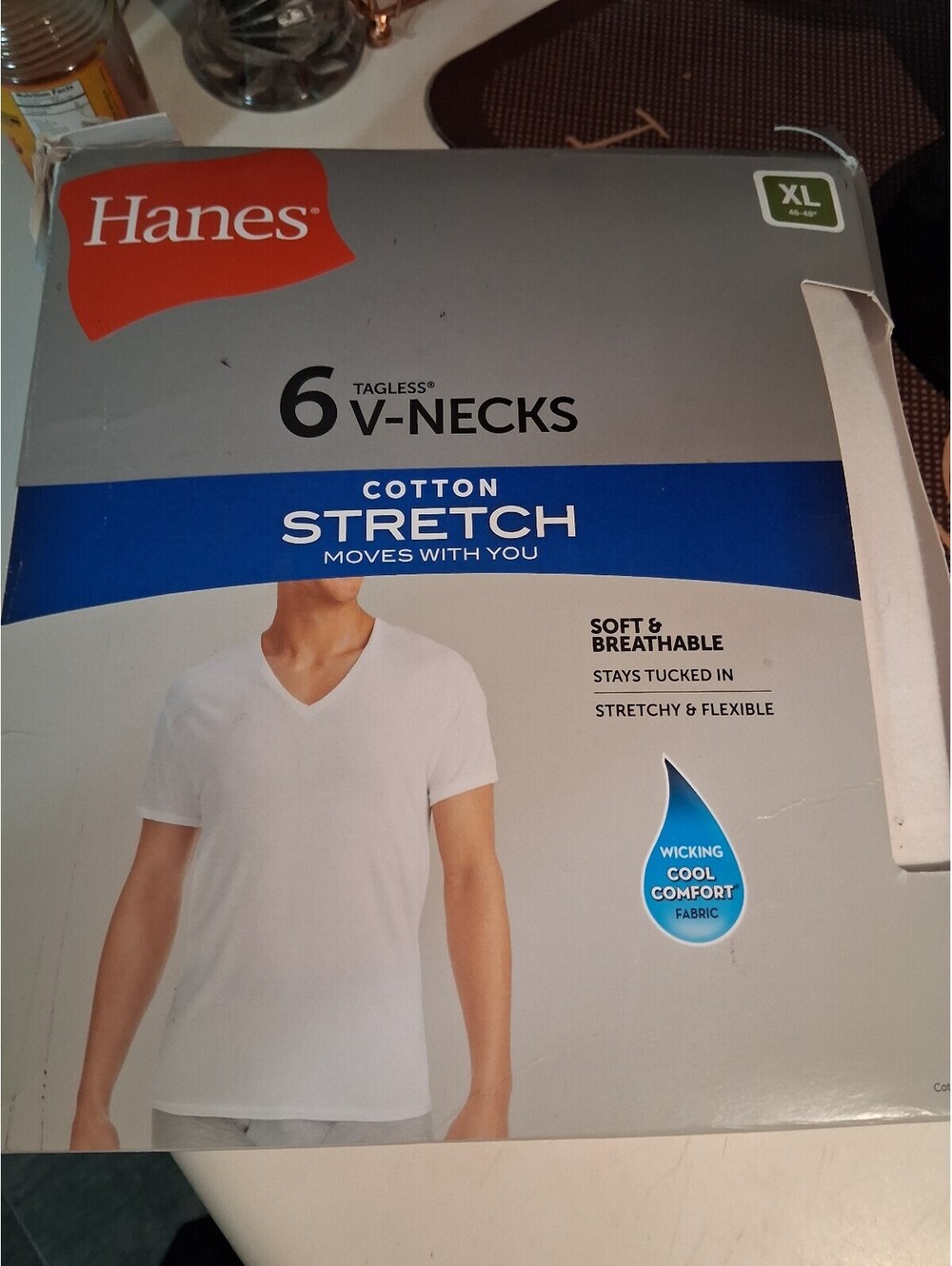 Hanes Men's Cotton Stretch Tagless V-Neck T-Shirts, 6 Pack, XL